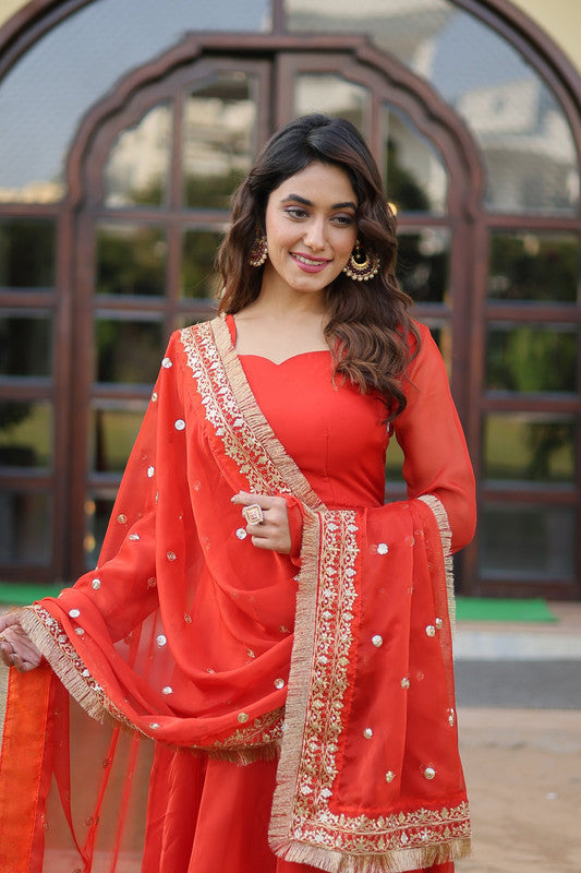 Gajri Russian Silk Kali Work Partywear Anarkali Dress