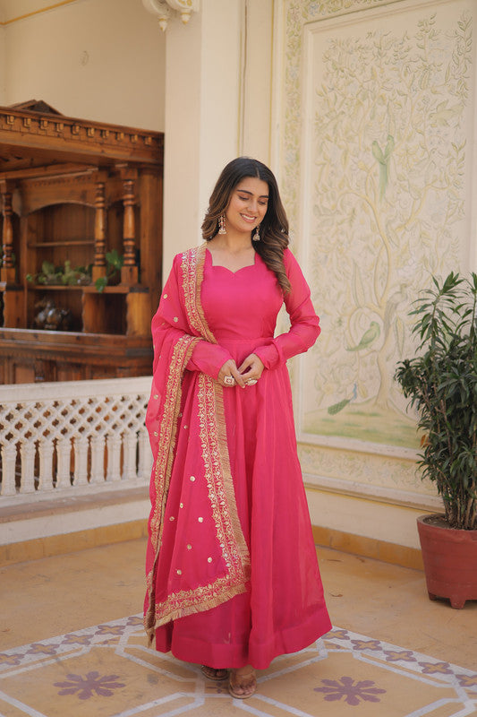 Pink Russian Silk Kali Work Partywear Anarkali Dress