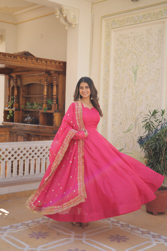 Pink Russian Silk Kali Work Partywear Anarkali Dress