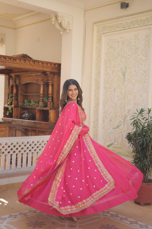 Pink Russian Silk Kali Work Partywear Anarkali Dress