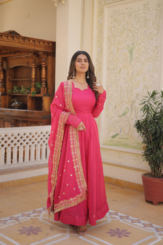 Pink Russian silk Anarkali dress with Kali work and matching dupatta