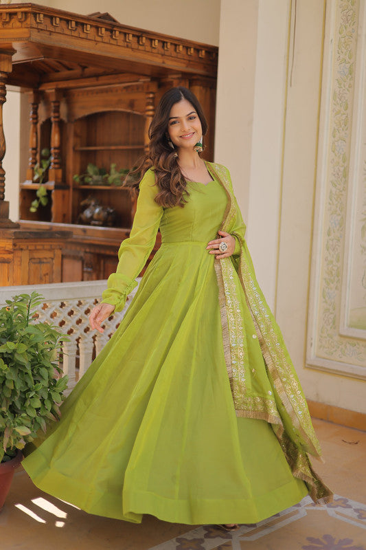 Green Russian Silk Anarkali Dress with Kali Work and Dupatta