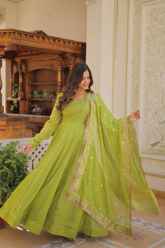 Green Russian Silk Anarkali Dress with Kali Work and Dupatta