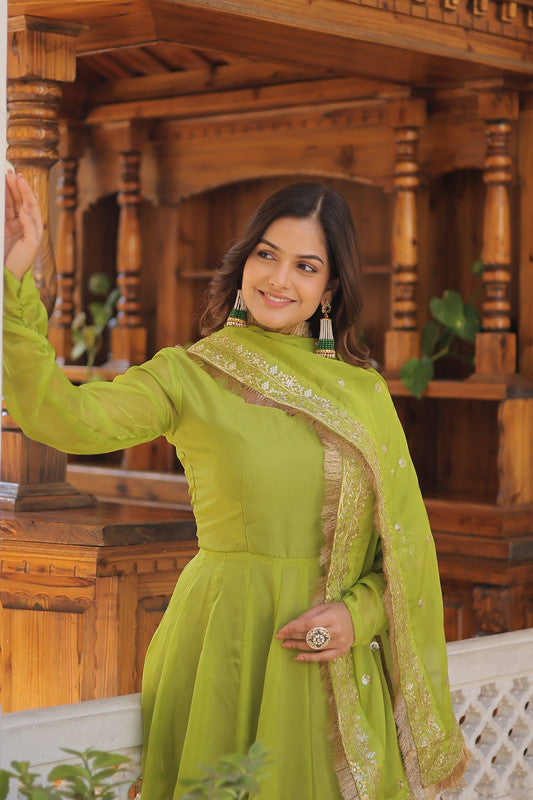 Green Russian Silk Anarkali Dress with Kali Work and Dupatta