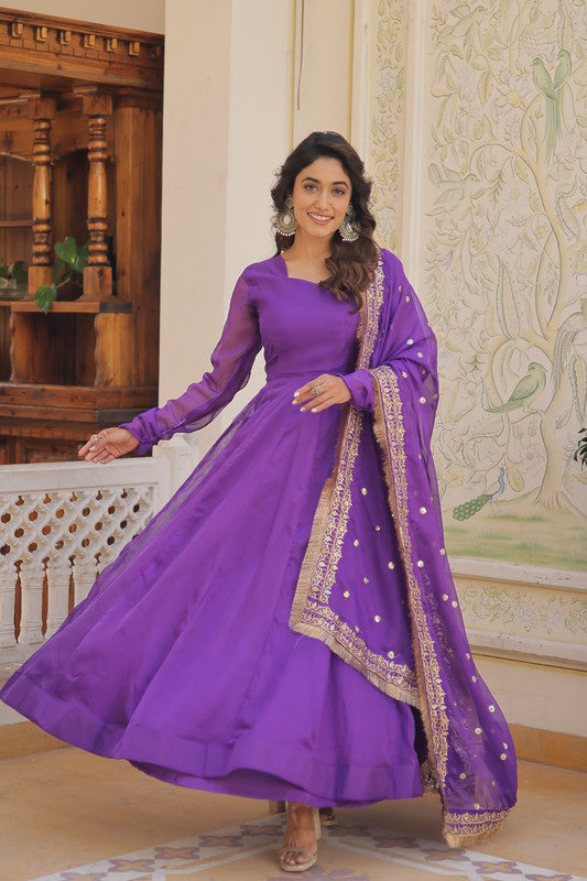 Purple Russian Silk Anarkali Dress with Kali Work and Dupatta
