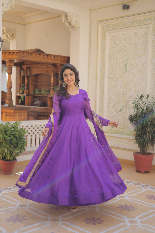 Purple Russian Silk Anarkali Dress with Kali Work and Dupatta