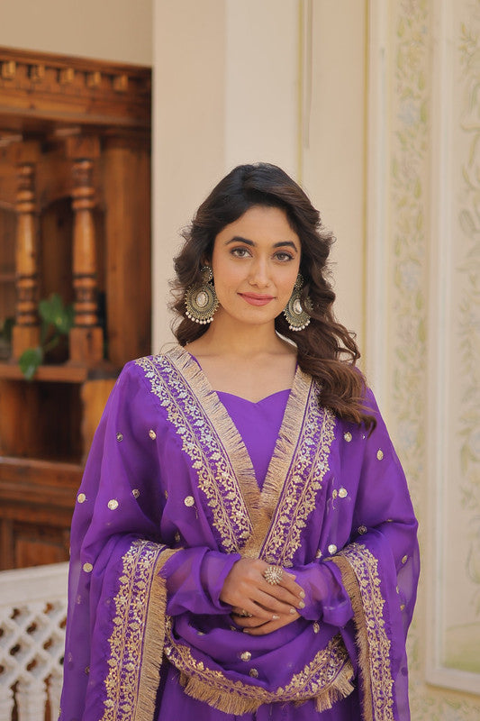 Purple Russian Silk Anarkali Dress with Kali Work and Dupatta