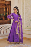 Elegant purple Russian Silk Anarkali dress with Kali work and matching dupatta