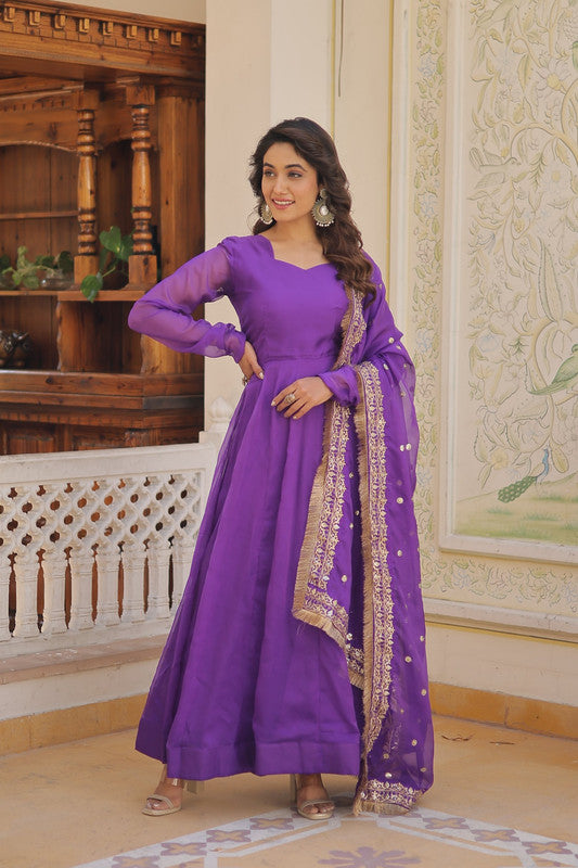 Elegant purple Russian Silk Anarkali dress with Kali work and matching dupatta