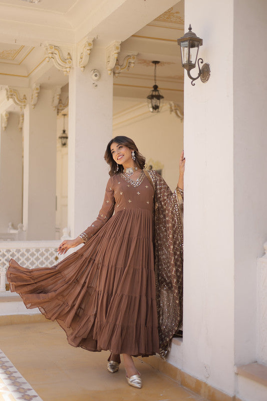 Coffee Brown Faux Georgette Embroidered Anarkali Party Dress