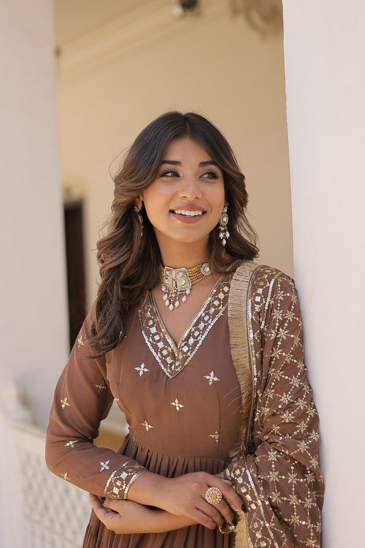 Coffee Brown Faux Georgette Embroidered Anarkali Party Dress