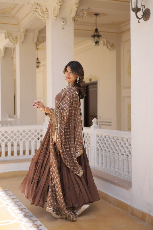 Coffee Brown Faux Georgette Embroidered Anarkali Party Dress