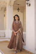 Elegant Coffee colored Faux Georgette Anarkali party dress with intricate embroidery
