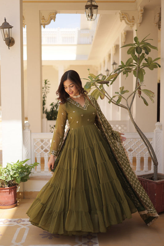 Mehendi Green Faux Georgette Embroidered Anarkali Dress
