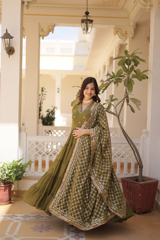 Mehendi Green Faux Georgette Embroidered Anarkali Dress