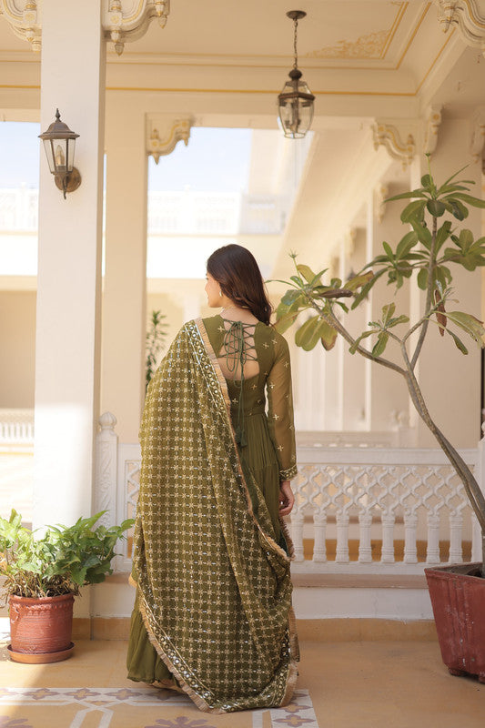 Mehendi Green Faux Georgette Embroidered Anarkali Dress