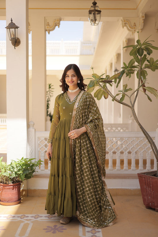 Mehendi green Faux Georgette embroidered Anarkali dress