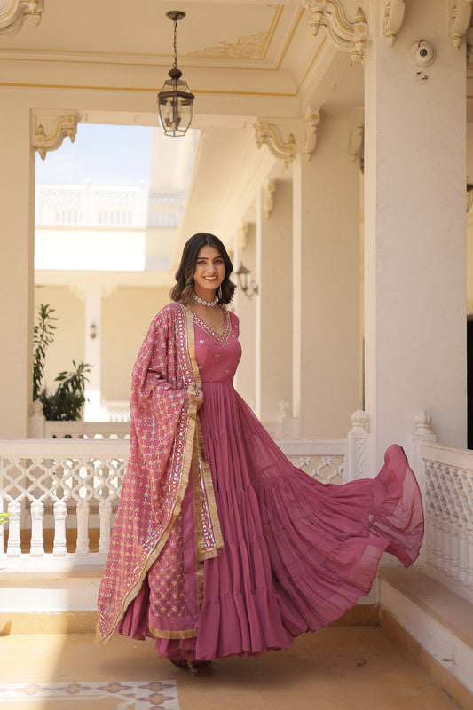 Jyoti Fashion Women's Onion Pink Faux Georgette Embroidered Partywear Anarkali Dress with Dupatta