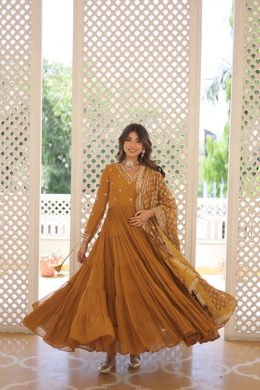 Mustard Faux Georgette Embroidered Anarkali Party Dress