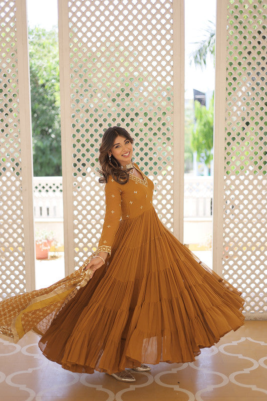 Mustard Faux Georgette Embroidered Anarkali Party Dress