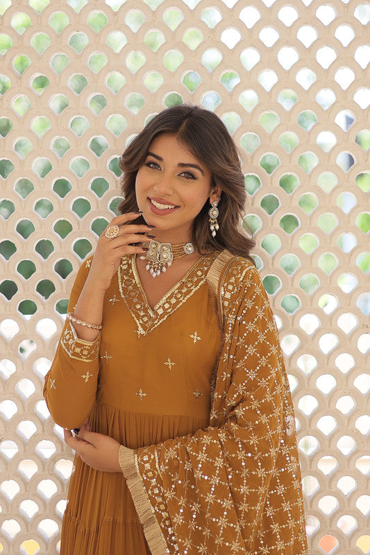 Mustard Faux Georgette Embroidered Anarkali Party Dress