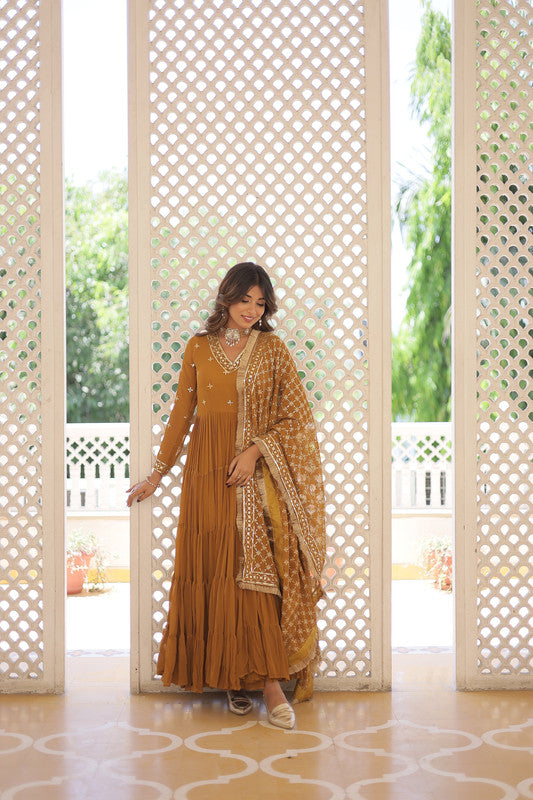 Mustard yellow Faux Georgette Anarkali party dress with elegant embroidery details