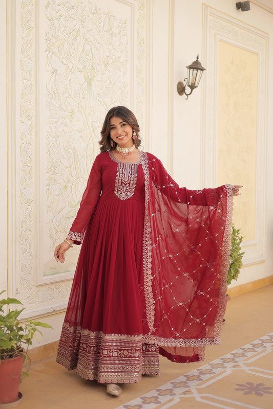 Maroon Sequins Embroidered Faux Blooming Anarkali Party Dress