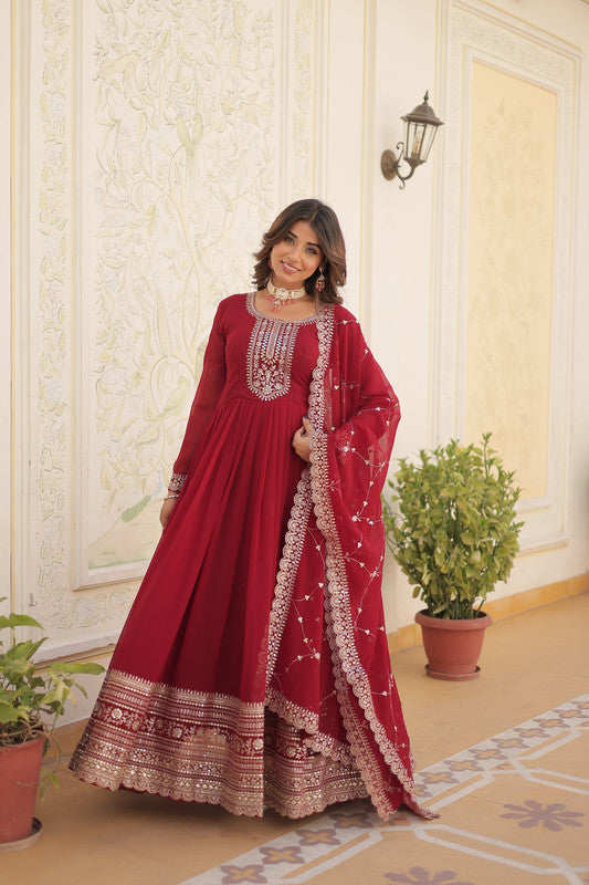 Maroon Sequins Embroidered Faux Blooming Anarkali Party Dress