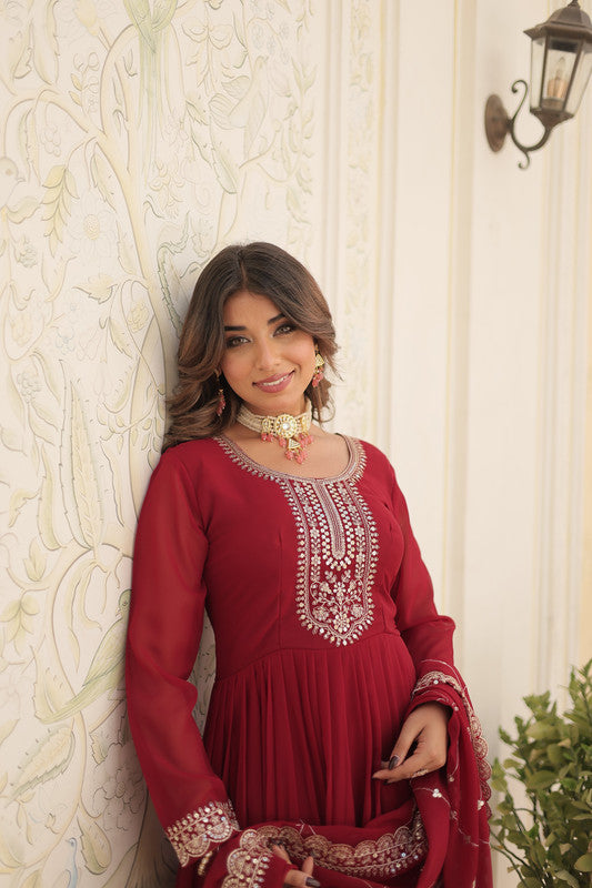 Maroon Sequins Embroidered Faux Blooming Anarkali Party Dress