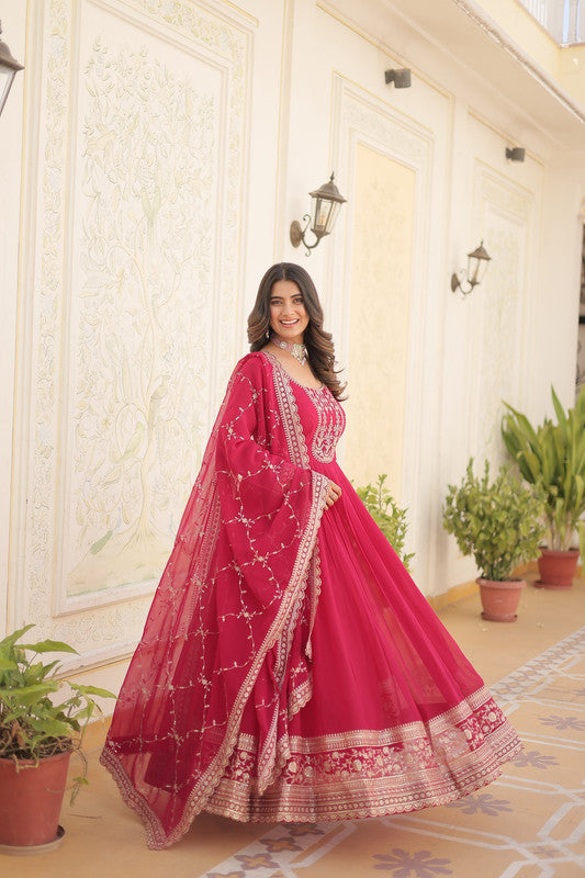 Rani Pink Sequins Embroidered Faux Blooming Anarkali Dress