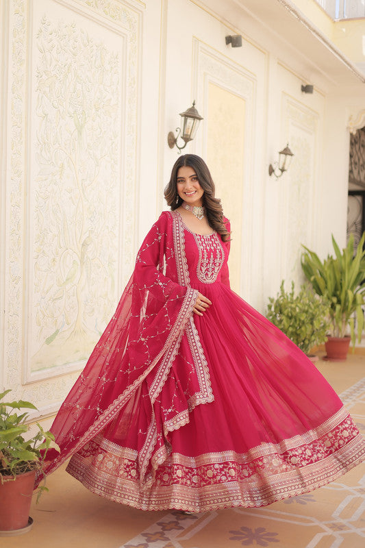Rani Pink Sequins Embroidered Faux Blooming Anarkali Dress