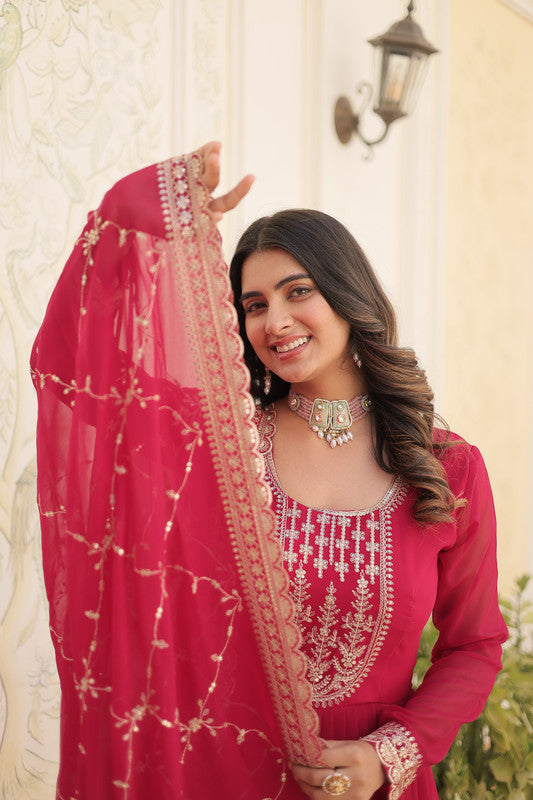 Rani Pink Sequins Embroidered Faux Blooming Anarkali Dress
