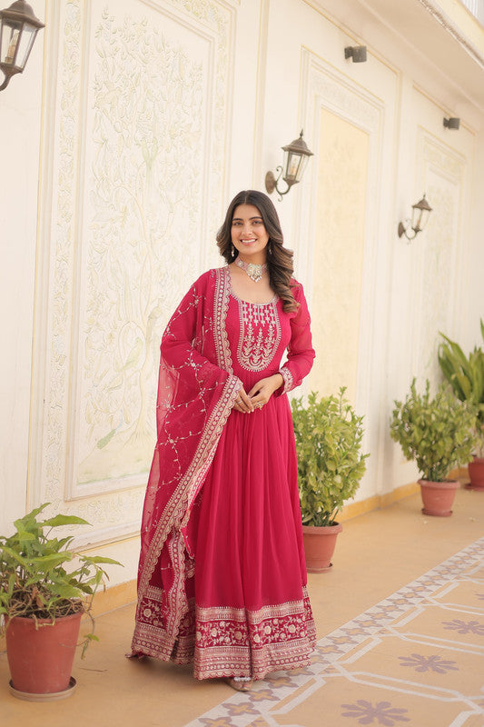 Vibrant Rani Pink Faux Blooming Anarkali dress with detailed sequins embroidery