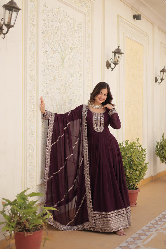 Wine Faux Blooming Silver Sequins Embroidered Anarkali with Dupatta