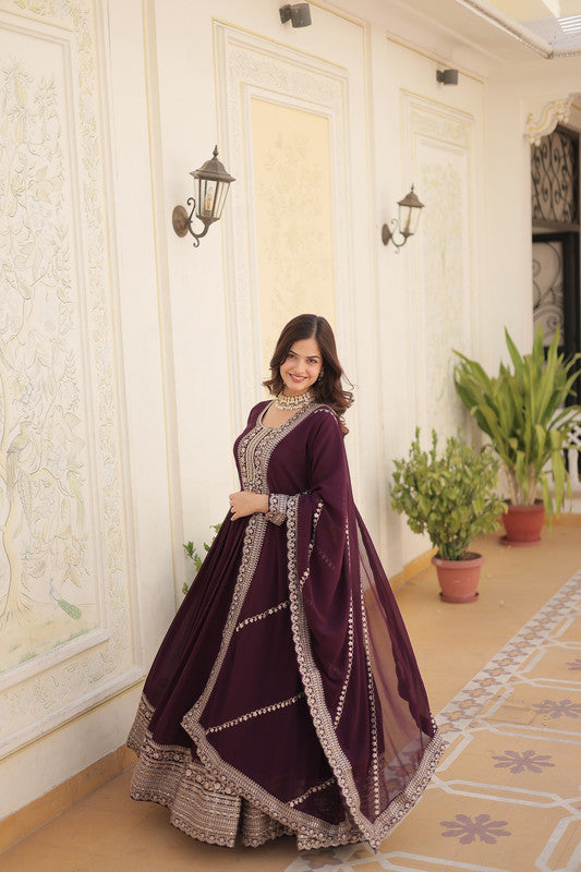 Wine Faux Blooming Silver Sequins Embroidered Anarkali with Dupatta