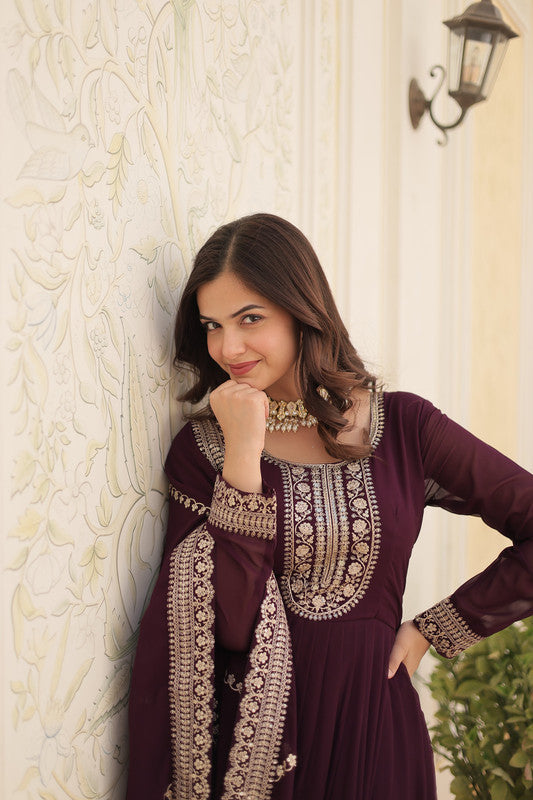 Wine Faux Blooming Silver Sequins Embroidered Anarkali with Dupatta