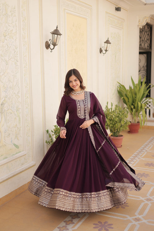 Wine Anarkali dress with silver sequins embroidery and matching dupatta