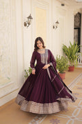 Wine Anarkali dress with silver sequins embroidery and matching dupatta