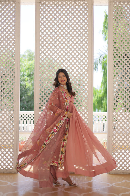 Peach Faux Georgette Sequins Zari Embroidered Anarkali Dress