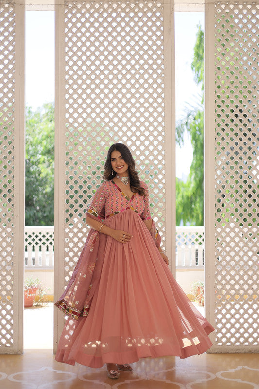 Peach Faux Georgette Sequins Zari Embroidered Anarkali Dress
