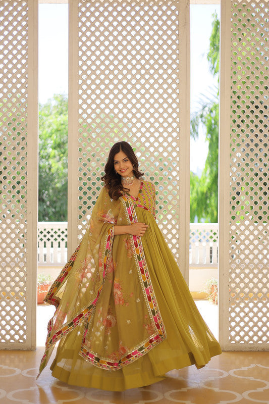 Mehendi Faux Georgette Sequins Zari Embroidered Anarkali Dress