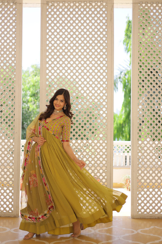 Mehendi Faux Georgette Sequins Zari Embroidered Anarkali Dress