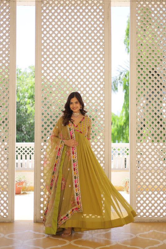 Mehendi Faux Georgette Anarkali dress with sequins and Zari embroidery