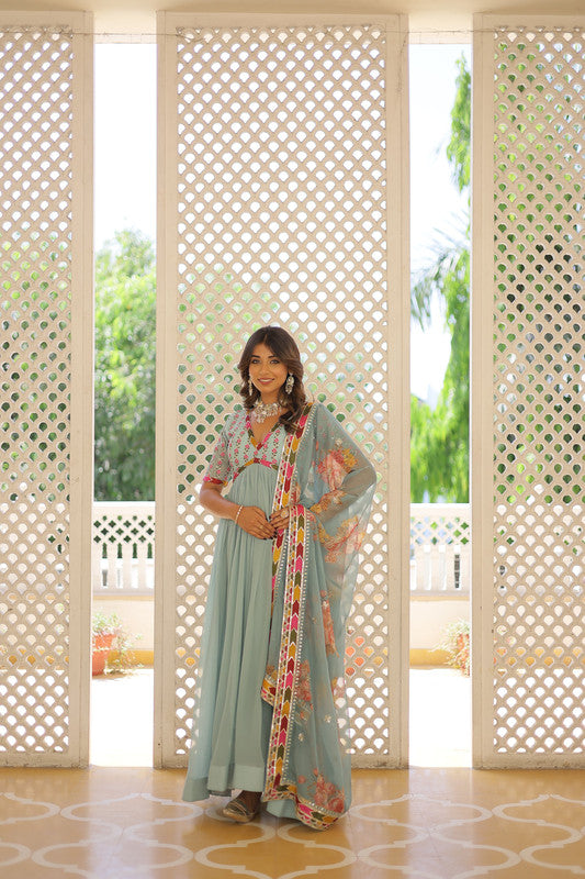 Sky Blue Faux Georgette Anarkali Dress with Sequins Embroidery
