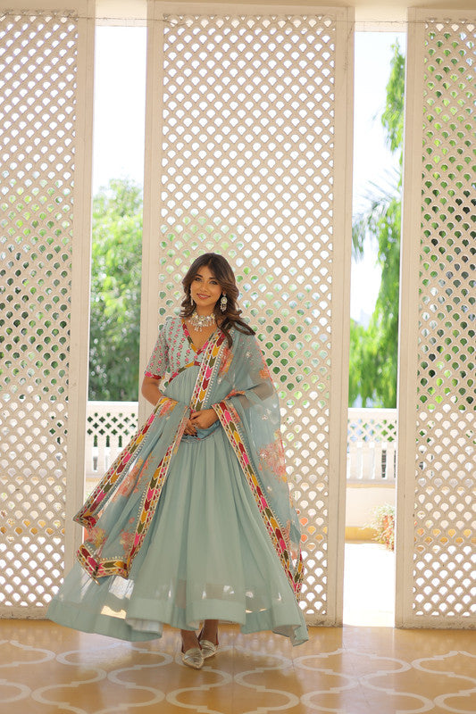 Sky Blue Faux Georgette Anarkali Dress with Sequins Embroidery