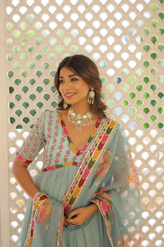 Sky Blue Faux Georgette Anarkali Dress with Sequins Embroidery