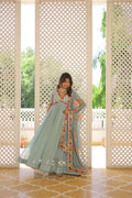 Sky blue faux georgette anarkali dress with sequins and zari embroidery and matching dupatta