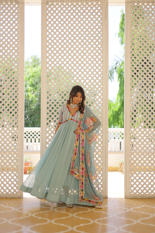 Sky blue faux georgette anarkali dress with sequins and zari embroidery and matching dupatta
