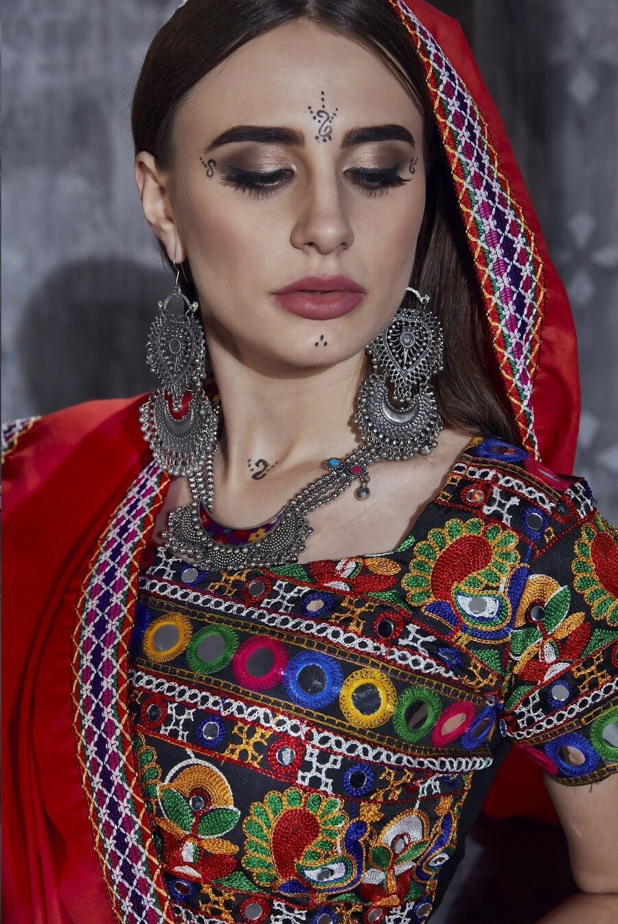 Black Art Silk Navratri Lehenga Choli with Multi Blouse & Red Dupatta