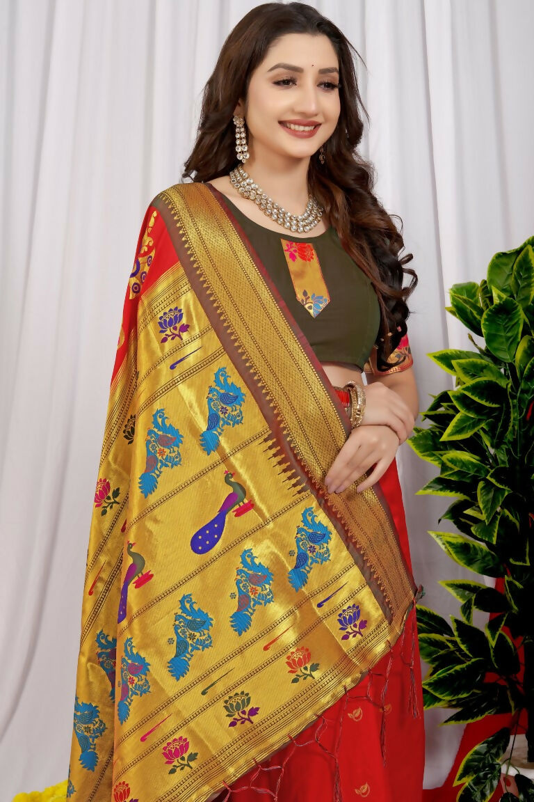 Maroon Paithani Silk Saree with Coffee Blouse and Zari Work